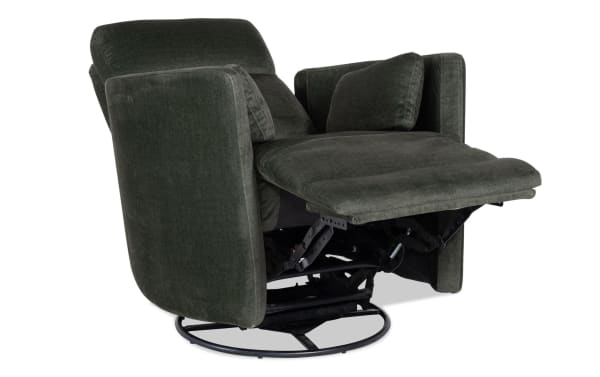 Dark green fabric recliner chair with cushioned armrests and backrest, featuring a metal swivel base and extended footrest for comfort.
