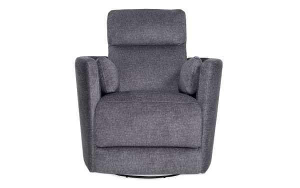 Gray fabric upholstered swivel recliner chair with padded armrests and cushioned backrest, designed for living room comfort and relaxation.