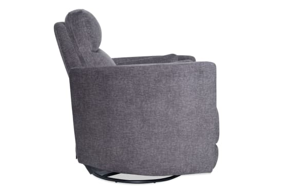 Gray fabric swivel recliner chair with cushioned backrest and armrests, designed for comfort and modern living rooms.