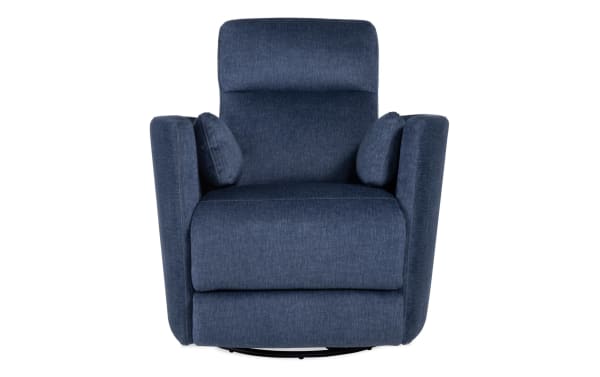 Blue fabric upholstered recliner chair with cushioned armrests and headrest, designed for comfort and relaxation in living rooms.