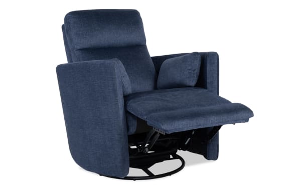 Blue fabric upholstered recliner chair with padded armrests, cushioned backrest, and extended footrest for enhanced comfort and relaxation.