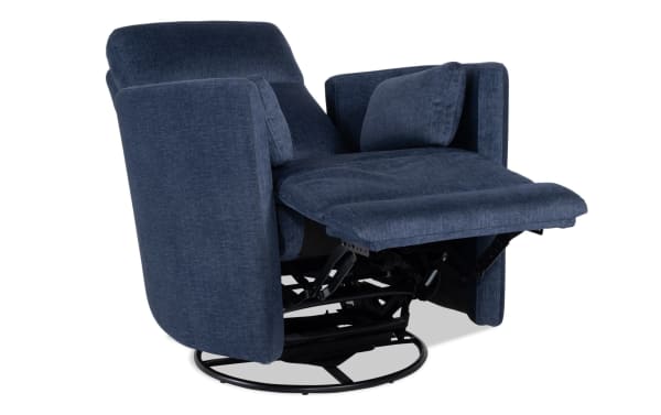 Blue fabric recliner chair with cushioned armrests and backrest, featuring a metal swivel base and extended footrest for comfort.