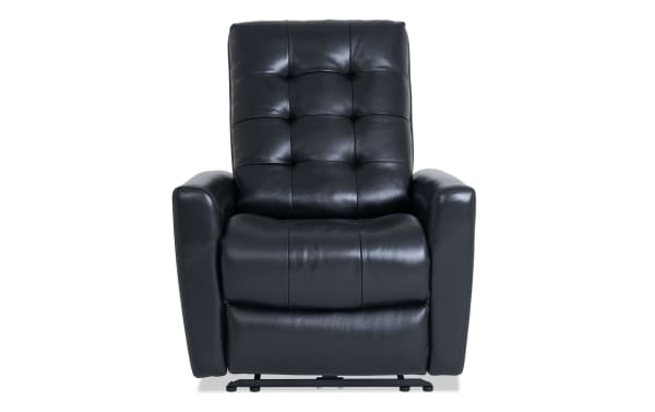 Black leather recliner chair with tufted backrest and padded armrests, designed for comfortable seating and relaxation.