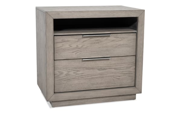 Modern gray wood nightstand with two drawers and an open shelf, featuring sleek metal handles and a framed edge design.
