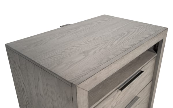 Modern gray wood nightstand with a smooth finish, featuring a metal handle drawer and open shelf for bedroom storage.