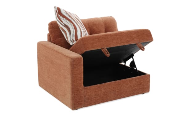 Contemporary Modular Bob® Spice Left Arm Facing Storage Chair in orange polyester fabric with memory foam cushion and hidden seat storage compartment.