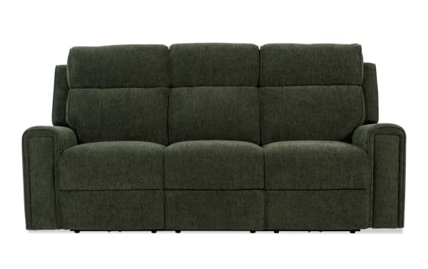 Dark green fabric reclining sofa with three cushioned seats, padded armrests, and high back support, designed for living room comfort.