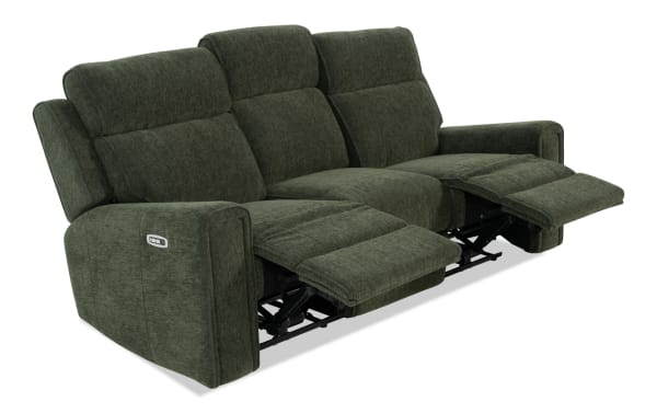 Dark green fabric reclining sofa with three seats, plush cushioning, and electric recline controls on the armrest, ideal for living room comfort.