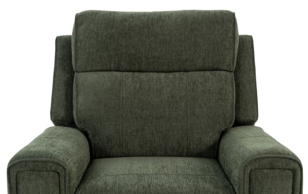 Dark green upholstered recliner chair with plush cushioning, wide padded armrests, and a high backrest designed for comfort and support.