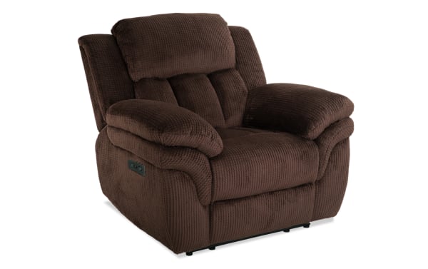 Plush brown fabric recliner chair with padded armrests and cushioned backrest, designed for comfort and relaxation.