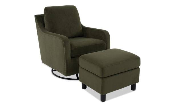 Olive green velvet swivel armchair with matching ottoman, featuring cushioned seat and backrest, black metal base, and wooden legs.