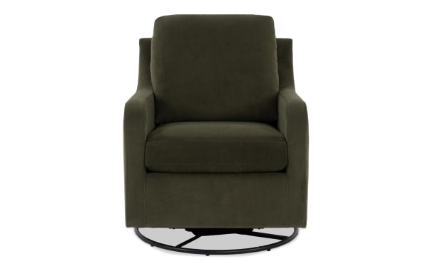 Dark olive green upholstered swivel armchair with cushioned back and seat, featuring a black metal circular base for 360-degree rotation.