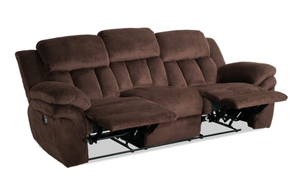 Brown fabric reclining sofa with plush cushioned armrests and backrests, featuring dual footrests extended for comfort.