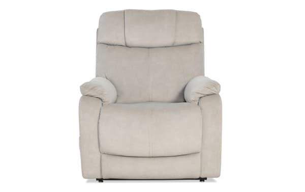 Light gray fabric recliner chair with plush cushioning, padded armrests, and a high backrest, designed for living room comfort.