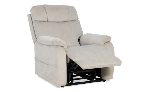 Light gray fabric recliner chair with padded armrests and cushioned backrest, featuring a partially extended footrest and sturdy metal reclining mechanism.