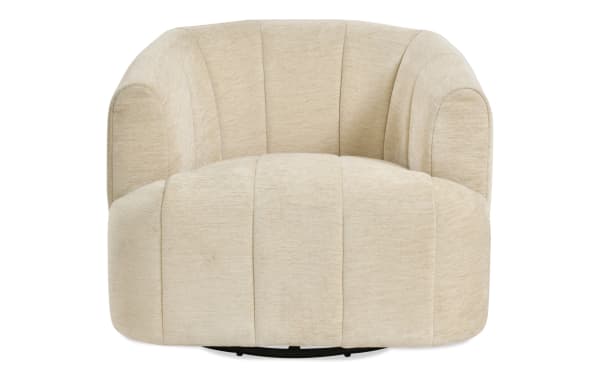 Ayden Linen Accent Swivel Chair in beige polyester fabric with plush Bob-O-Pedic Memory Foam, transitional style, and 360-degree swivel functionality.