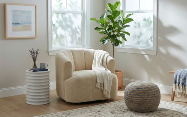Ayden Linen Accent Swivel Chair in beige polyester fabric with Bob-O-Pedic Memory Foam, transitional style, 360-degree swivel, cozy and plush design.