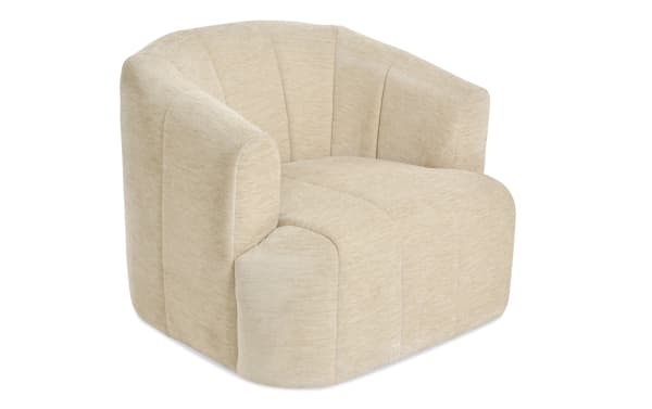 Ayden Linen Accent Swivel Chair in beige polyester fabric with transitional style, plush Bob-O-Pedic Memory Foam, and 360-degree swivel functionality.