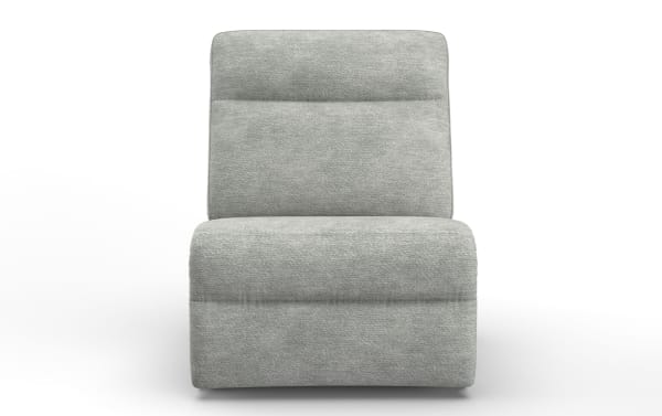 Modern armless lounge chair upholstered in light gray textured fabric with a cushioned backrest and seat, ideal for minimalist living spaces.