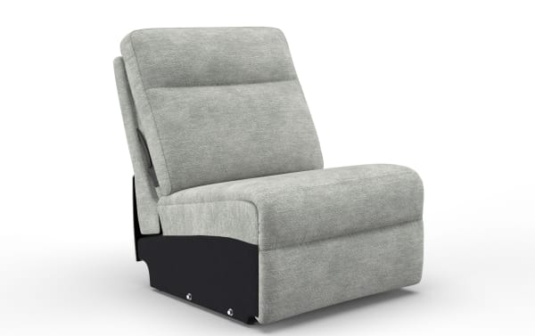 Modern light gray fabric upholstered armless recliner chair with cushioned backrest and seat, featuring a black base and side lever for reclining adjustment.