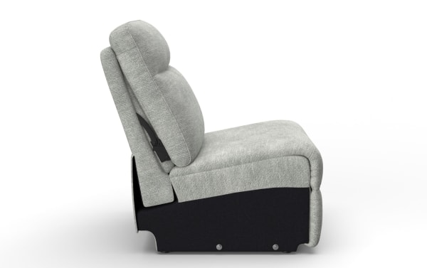 Modern gray fabric reclining chair with cushioned backrest and seat, featuring black base and adjustable reclining mechanism for comfort.