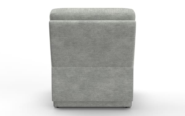 Gray fabric upholstered armchair shown from the back, featuring a smooth, modern design with clean lines and a cushioned top.