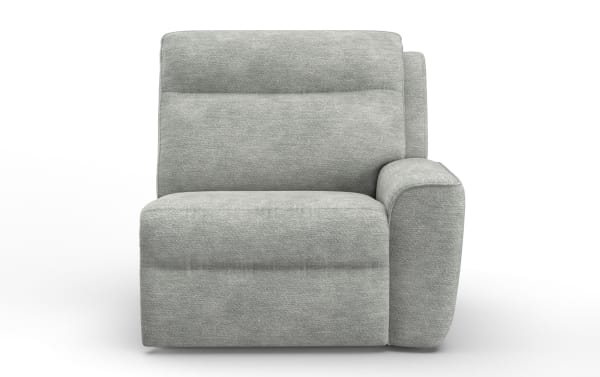 Light gray fabric upholstered recliner chair with plush cushioning, padded armrest, and modern design for living room comfort.