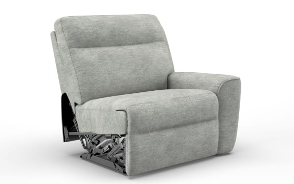 Light gray fabric recliner chair with padded armrest, cushioned backrest, and visible metal reclining mechanism for adjustable comfort.