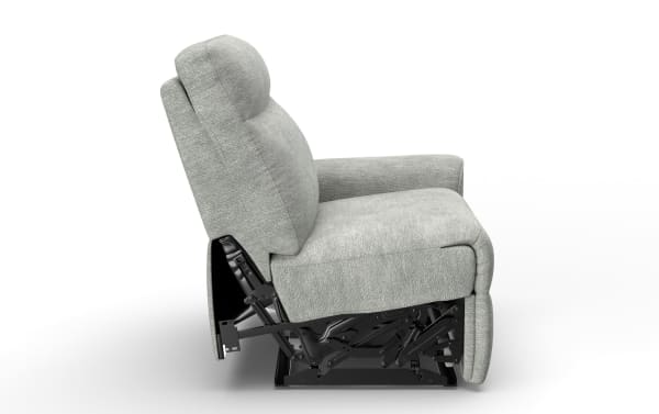 Gray fabric recliner chair shown from the side with visible black metal reclining mechanism, padded cushions, and armrests.