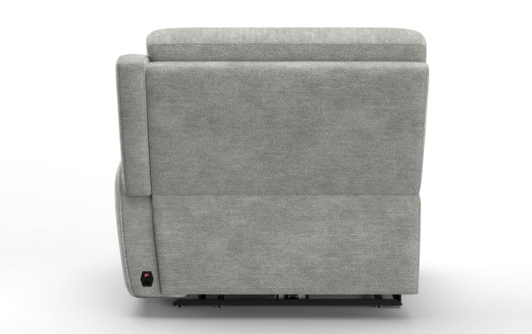 Gray fabric upholstered recliner chair shown from the side, featuring a cushioned backrest, armrest, and a visible power switch for reclining function.