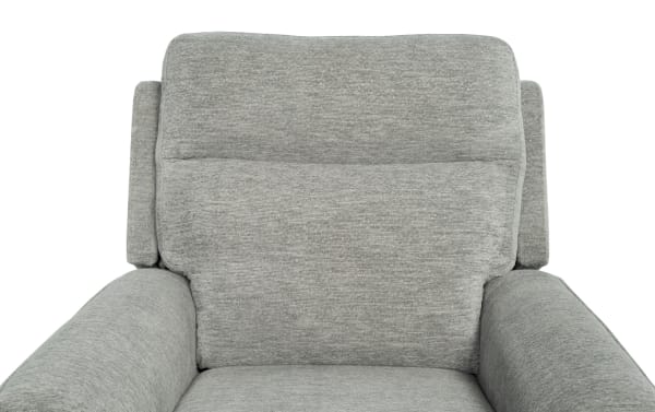 Gray fabric upholstered recliner chair with padded armrests and cushioned backrest, designed for comfort and support.