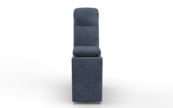 Bolt Navy Console with Wireless Charging in blue polyester fabric and plywood, transitional style seating with built-in gadget charging.