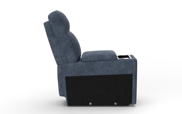 Bolt Navy Console with Wireless Charging in blue polyester fabric and plywood, transitional style recliner side view with cushioned armrest and built-in charging tray.