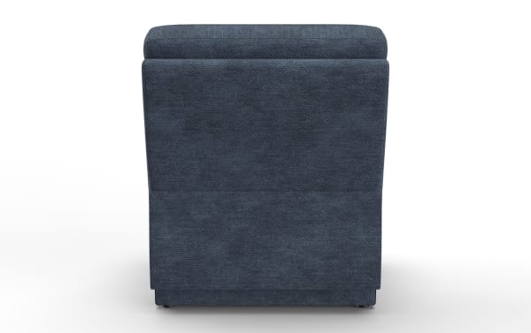 Back view of Bolt Navy Armless Chair in blue polyester fabric with plywood frame, showcasing transitional style and plush cushioning.