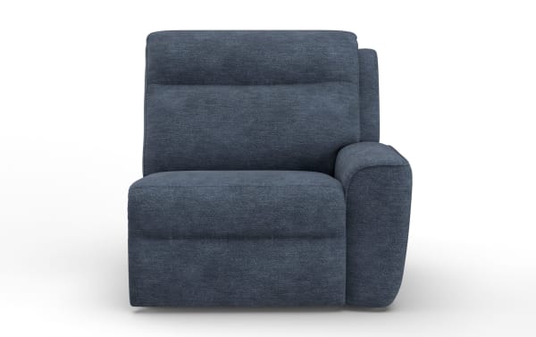 Bolt Navy right arm facing power recliner in blue polyester fabric with power headrest, plywood frame, and transitional style upholstery.