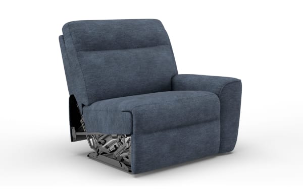 Bolt Navy right arm facing power recliner in transitional style with navy polyester fabric upholstery, power headrest, and zero-gravity recline features.