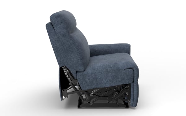Bolt Navy right arm facing power recliner in blue polyester fabric with power headrest and zero-gravity recline, transitional style.