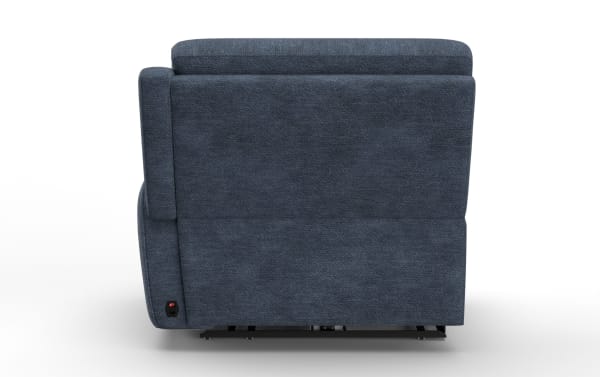 Bolt Navy right arm facing power recliner in blue polyester fabric with power headrest and zero-gravity recline, transitional style.