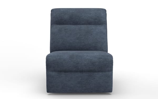 Bolt Navy armless power recliner with adjustable power headrest, zero-gravity recline, navy polyester fabric upholstery, and transitional style.
