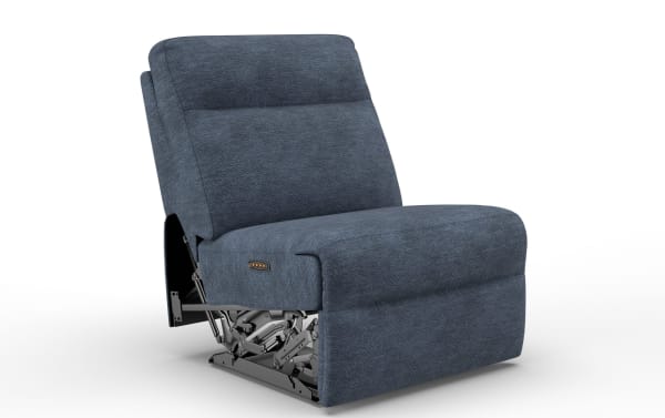 Bolt Navy Armless Power Recliner with Power Headrest in navy blue polyester fabric, transitional style, adjustable zero-gravity recline.