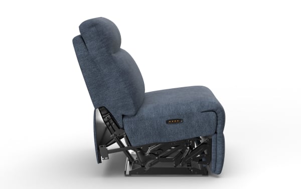 Bolt Navy Armless Power Recliner with Power Headrest in blue polyester fabric, transitional style, featuring adjustable zero-gravity recline and sleek armless design.