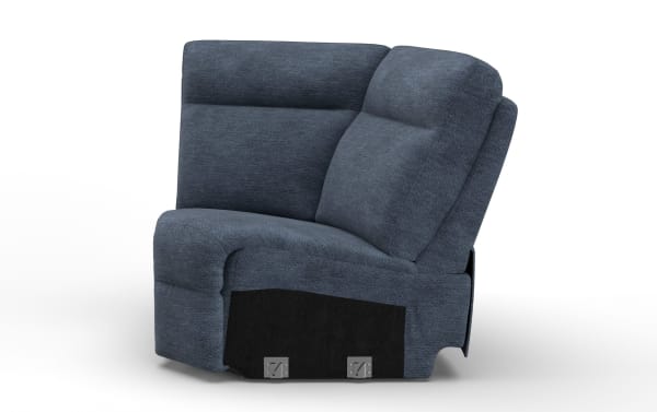 Bolt Navy Wedge transitional corner chair in navy polyester fabric with Bob-O-Pedic Memory Foam, part of the Bolt collection, featuring plush cushioning and plywood frame.