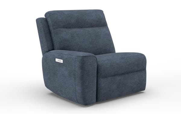 Bolt Navy left arm facing power recliner in blue polyester fabric with power headrest, transitional style, and plush cushioned design.