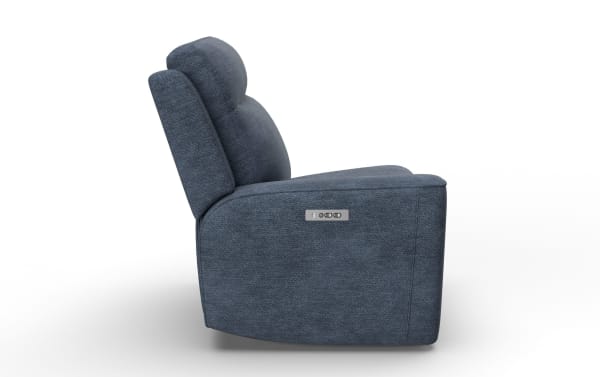 Bolt Navy left arm facing power recliner in blue polyester fabric with power headrest and zero-gravity recline, transitional style