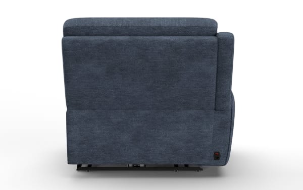Bolt Navy Left Arm Facing Power Recliner with Power Headrest in blue polyester fabric, transitional style, showing side profile with power switch.