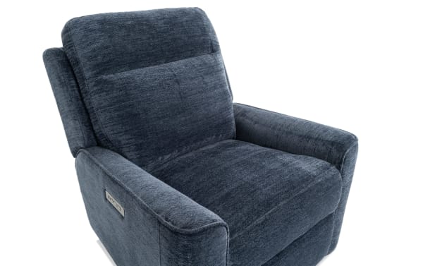 Dark blue fabric recliner chair with plush cushioning, padded armrests, and a side control panel for adjustable comfort.