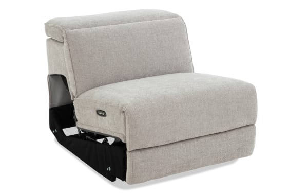 Light gray fabric upholstered electric recliner chair section with adjustable backrest and cushioned seat, featuring side control buttons for reclining functions.