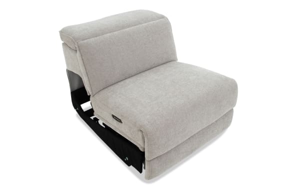 Light gray fabric upholstered power recliner seat with plush cushioning and built-in control panel on the side for adjustable comfort.