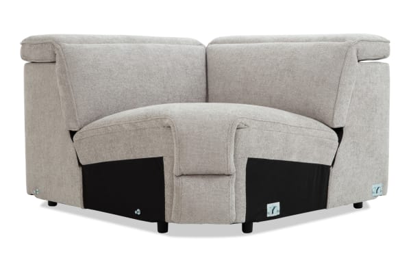 Light gray fabric corner sofa section with cushioned backrests and black base panels, designed for modular living room seating.