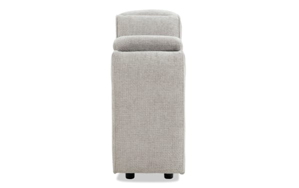 Light gray fabric upholstered sofa armrest with a cushioned top and two black plastic legs, showcasing modern living room furniture design.